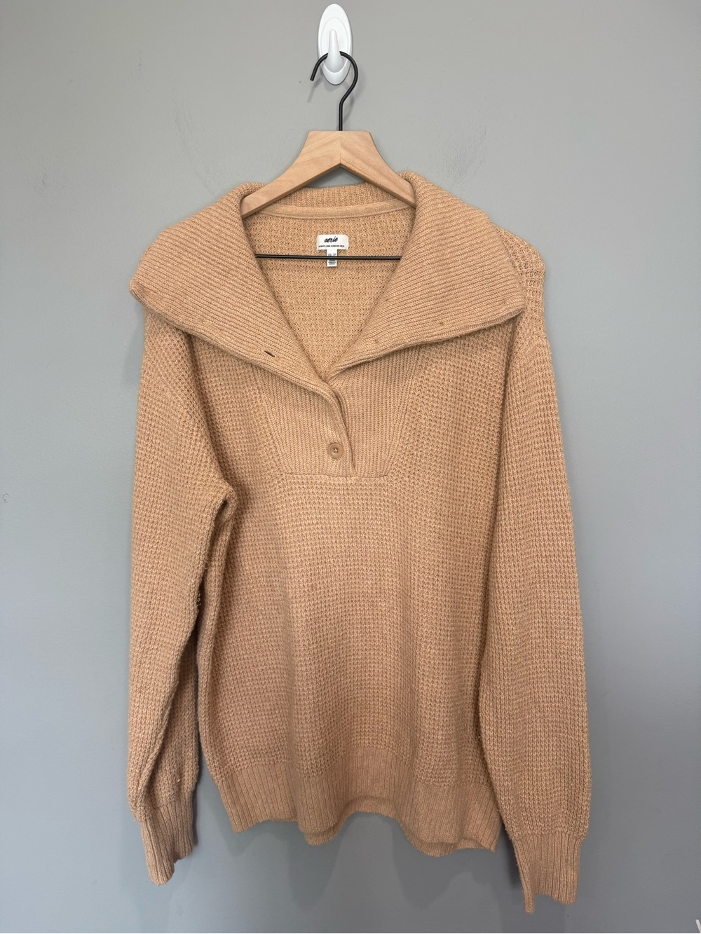 Aerie Waffle Knit Shawl Collar‎ Henley Sweater Beige Oversized XS